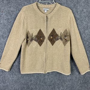 Croft & Barrow Zip Front Cardigan Sweater Women LP Tan Brown Bird Embroidery